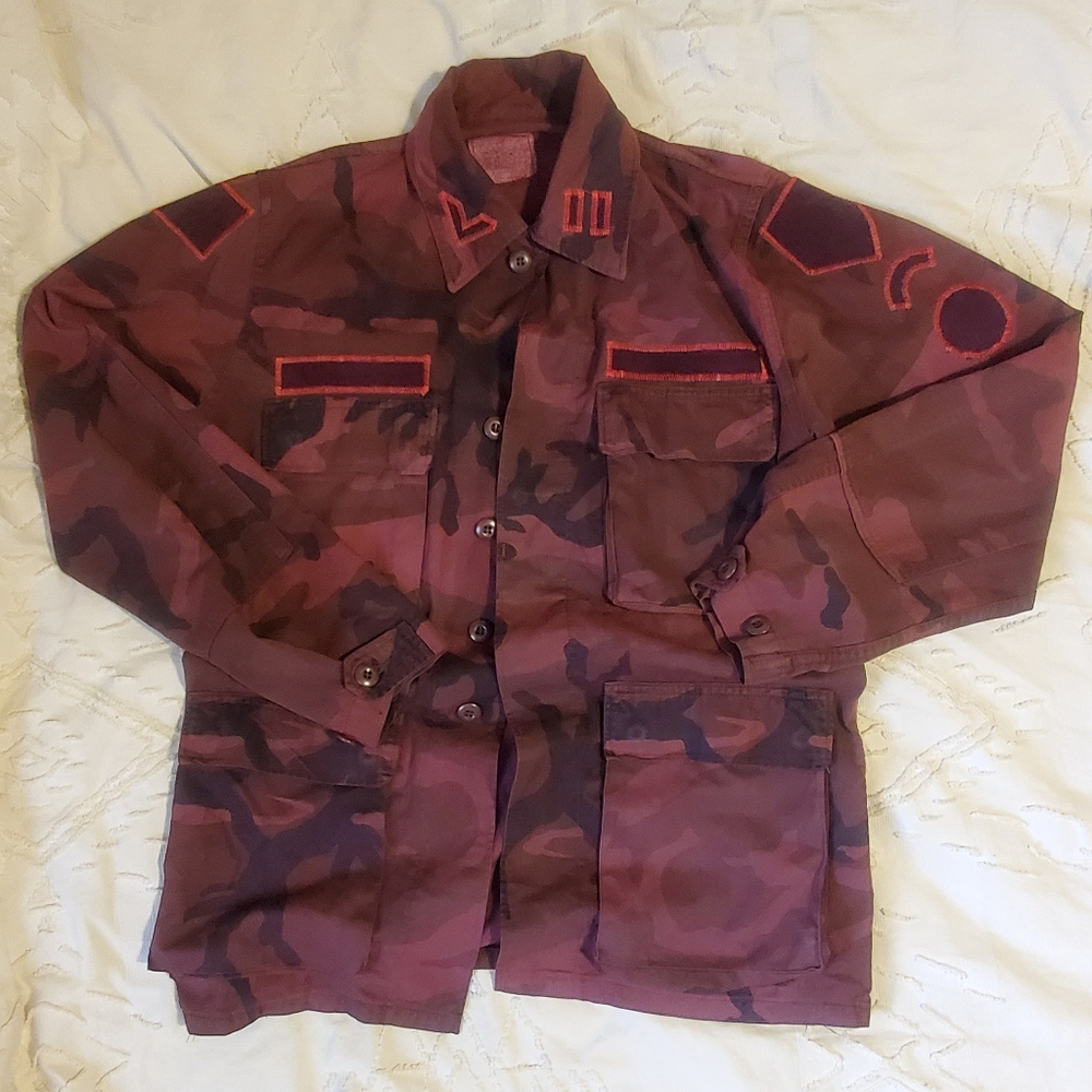 Dyed Camo Military Field Jacket Embroidered Red Camouflage + Corduroy Patches